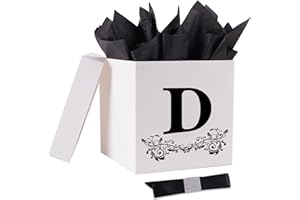 Jaywayang Letter Gift Box with Lid, Ribbon and Warpping Tissue, 8.7" White and Black Gift Box for Men Women Birthday, Baby Shower, Anniversary, Wedding Party Favor Decorative (Medium Letter D)