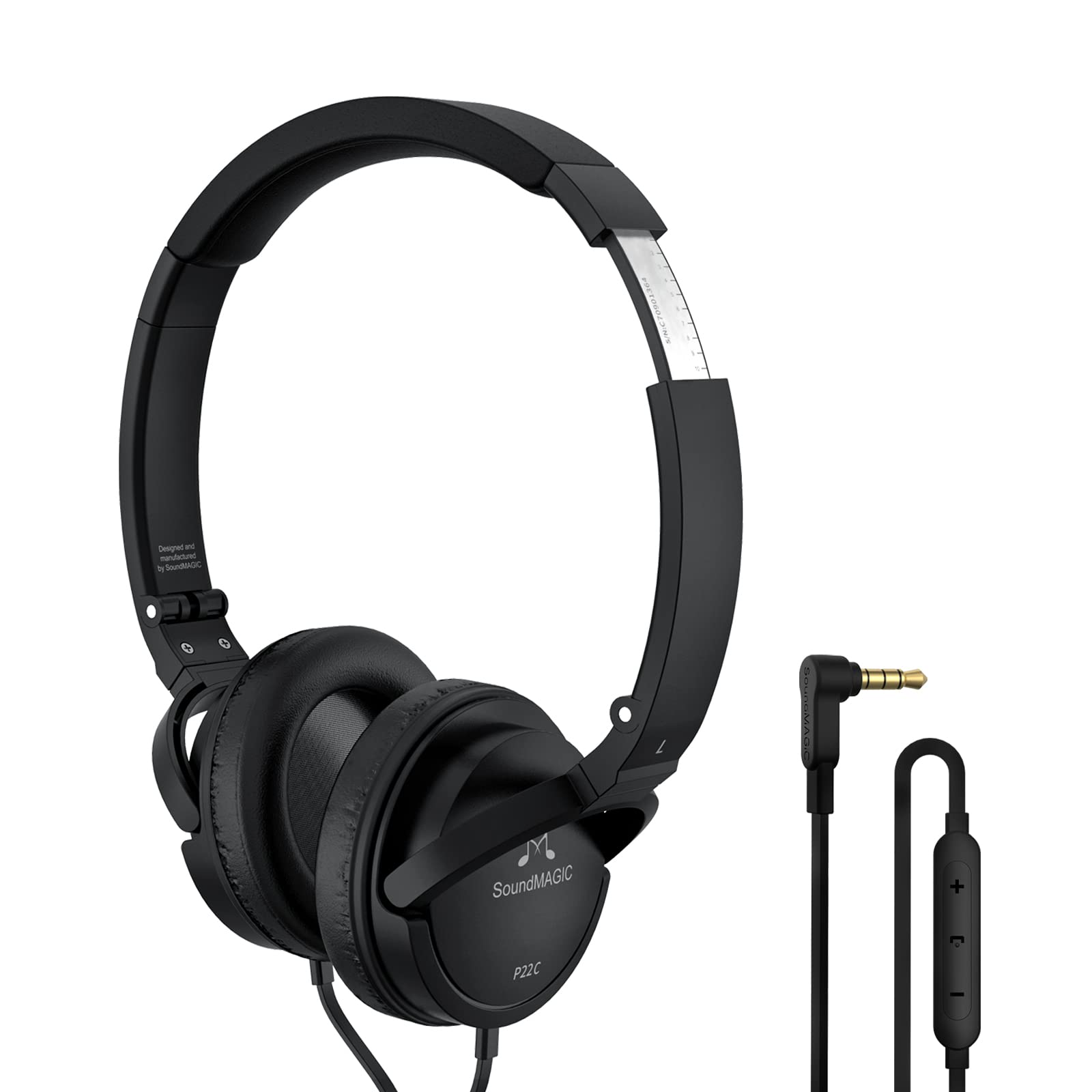 Soundmagic P22C Lightweight On Ear Headphones Wired with Microphone Comfortable and Portable HiFi Stereo Headset with Noise Isolation Foldable Design Black
