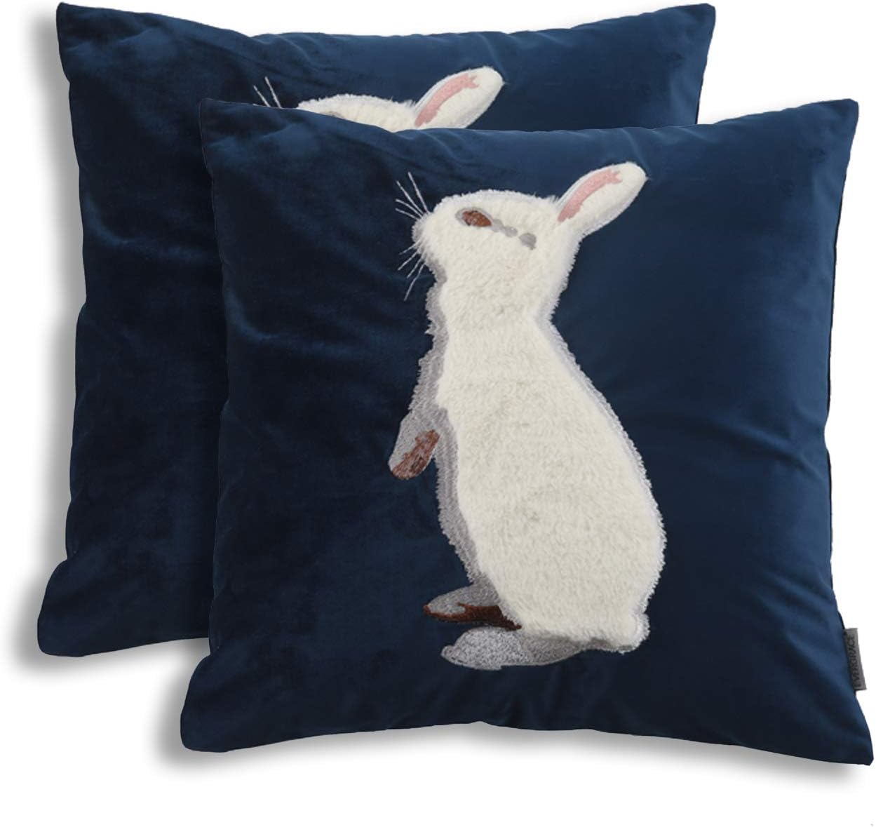 EverGrace Luxury Velvet Throw Pillow Covers for Sofa Couch Bed Home Decor, 2-Pack 18x18 inches High-end Embroidery Soft Rabbit Easter Bunny Decorative Pillow Covers