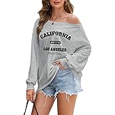 Migxsaf California Los Angeles Off the Shoulder Sweatshirt Oversized Graphic Sweatshirts for Women Baggy Long Sleeve Shirts
