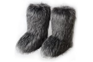 ZOSCGJMY Faux Fur Boots for Women Fuzzy Fluffy Furry Round Toe Suede Winter Snow Boots Flat Shoes