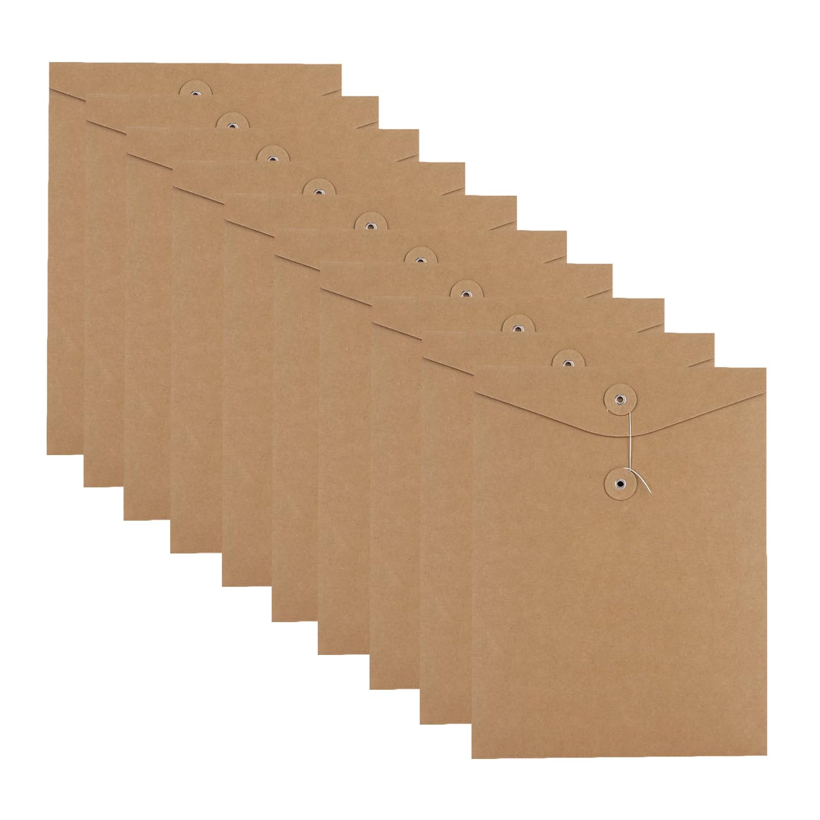 10 Pcs A4 Kraft Paper Envelopes File Folders with String Closure Portfolio Foolscap Paper Organiser Portable Project Pockets Document Wallet Storage Pouch Bills Receipt Bag for Office School Home