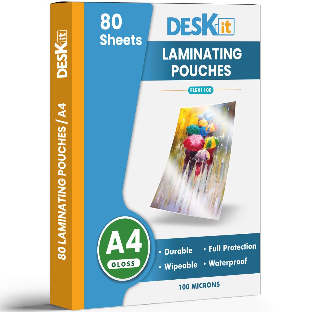 Deskit Laminating Pouches A4, Gloss, 80 Sheets, 100 Microns- Clear and Durable Presentations - Ideal Rigidity for Everyday Use