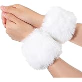 Teaaha Faux Fur Cuffs White Short Furry Arm Warmers, Winter Fuzzy Hand Bracelet Wrist Cuff Warmer Costume Accessory for Women Girls Favors