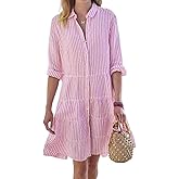 utcoco Womens Striped Button Down Midi Shirt Dress Casual Loose Cuffed Long Sleeve Mid Long Dresses