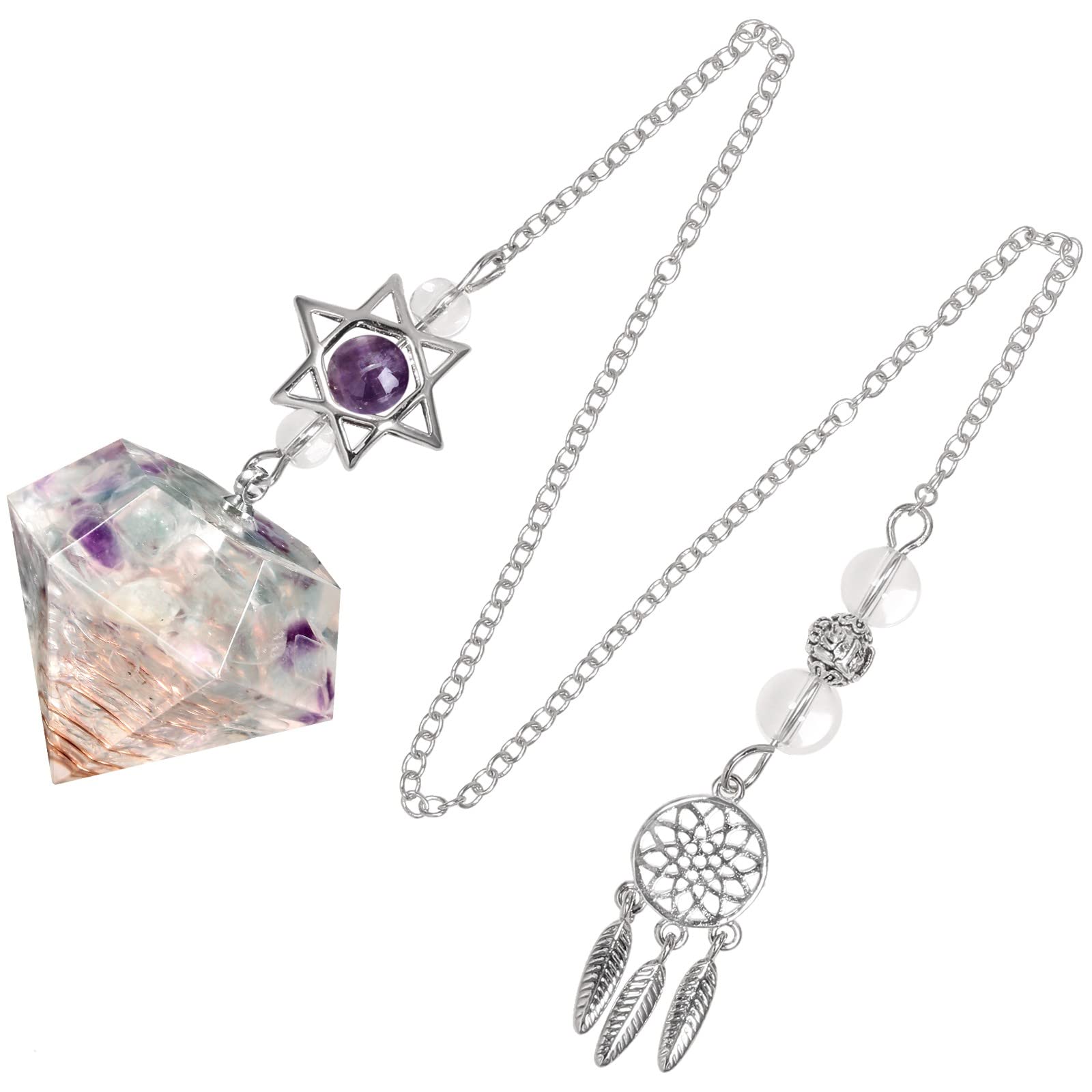KYEYGWO Healing Crystal Point Pendulum with Dream Catcher and Star of David Necklace, Resin Pendulum Hexagon Crystal Stone Pendant, Fluorite