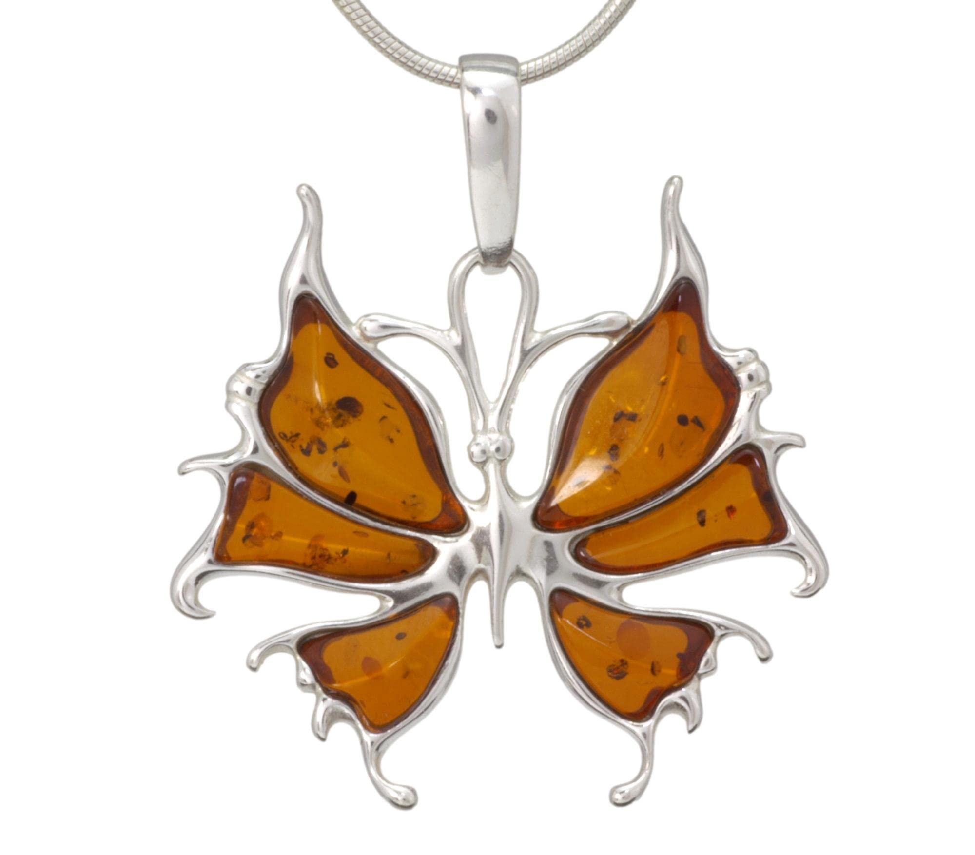 LIGURIUS NATURAL BALTIC AMBER STERLING SILVER 925 NECKLACE Cognac Butterfly PENDANT Gemstone For Women & Silver Adjustable CHAIN Snake 45cm - 50 cm, Gift set