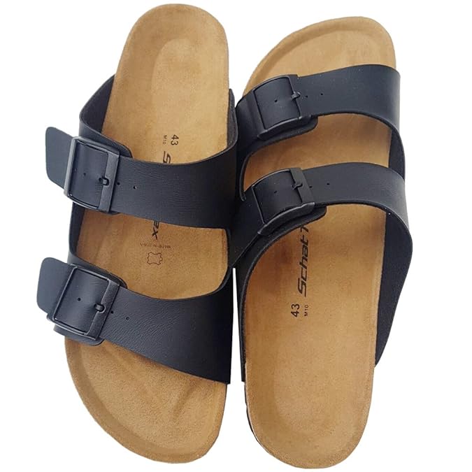SchatTex Sandalen zwei Riemen schwarz Pantolette Hausschuhe Korksandale