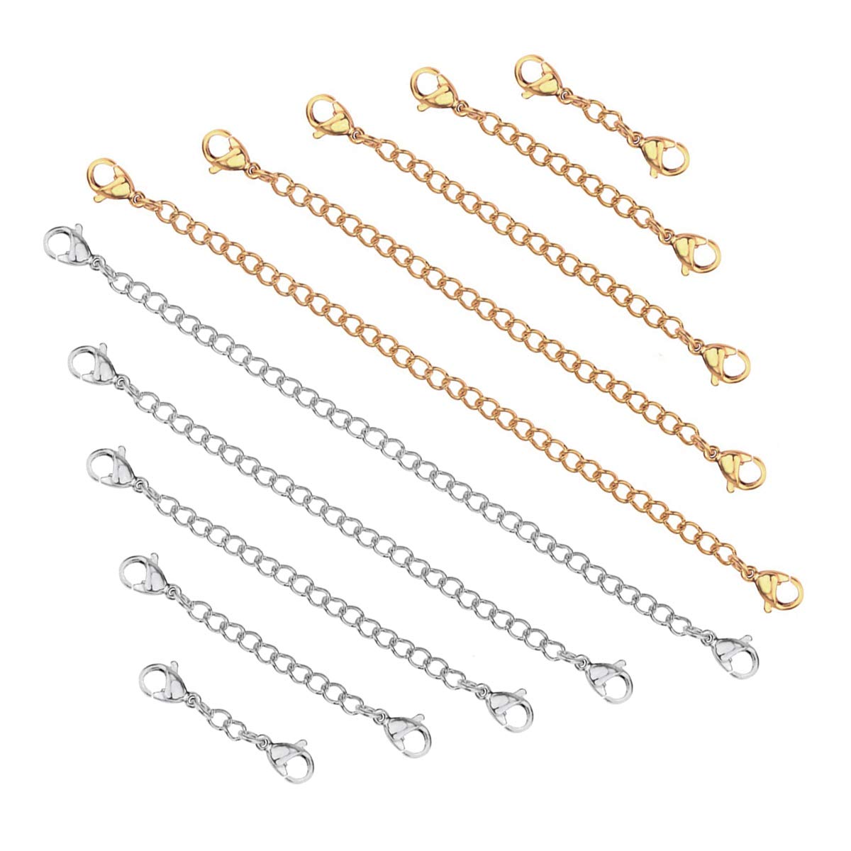 10 Pcs Necklace Extender Chain Bracelet Extension Chain Stainless Steel Jewelry Extender Anklet Extension With Lobster Clip Clasp in Gold Silver Color for DIY Jewelry Making Repair 5 Assorted Size