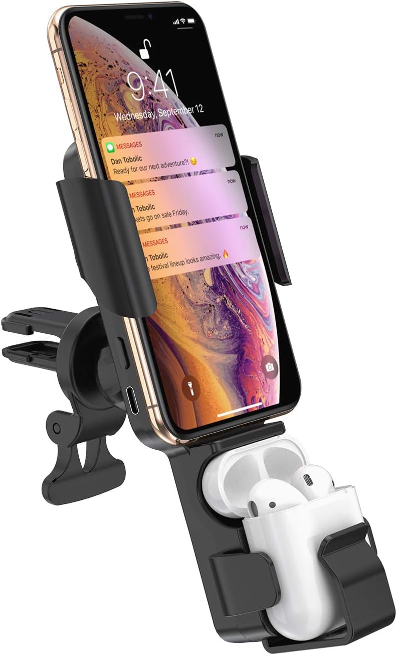 Wireless Car Charger Mount, 2 in 1 Qi Fast Charging Car Charger for iPhone and Airpods 2, Touch Clamping Car Wireless Charger iPhone and Airpods Holder Air Vent for iPhone 11 Max Xs Xr X 8 Airpods 1 2