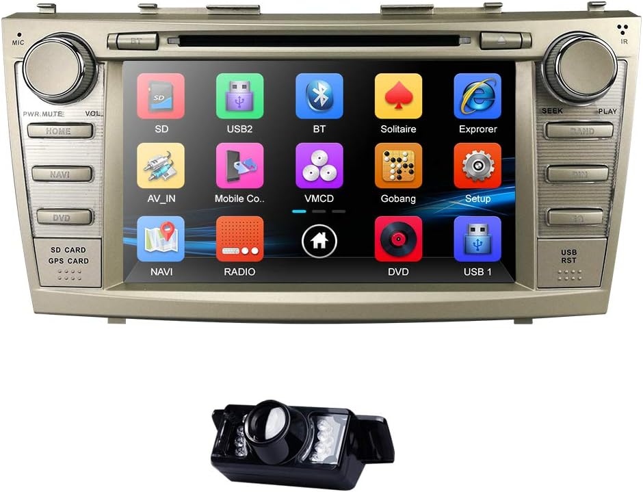 HIZPO 8 Inch in Dash Double 2 Din Touch Screen GPS Navigation Bluetooth Multimedia Radio for Toyota Camry 2007-2011 with Parking Camera and GPS Map Card