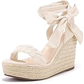 Syktkmx Womens Braided Wedge Espadrille Sandals Lace Up Slingback Open Toe Summer Platform Heeled Shoes