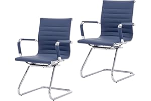 CIMOTA Waiting Room Chairs Leather Office Guest Chair Mid Back Reception Chairs with Sled Base for Meeting/Patient/Conference Room, Navy Set of 2