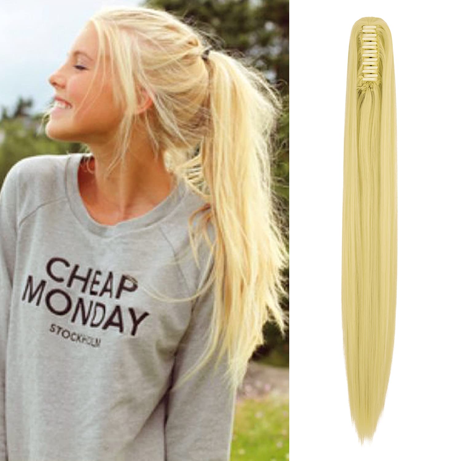 Long Short Claw Ponytail Hair Extension One Piece Cute Clip in on Ponytail Jaw/Claw Synthetic Straight Curly Hairpieces 21" Straight Bleach Blonde