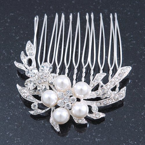 Bridal/ Wedding/ Prom/ Party Rhodium Plated Clear Swarovski Crystal, Synthetic Pearl Double Flower Hair Comb - 50mm