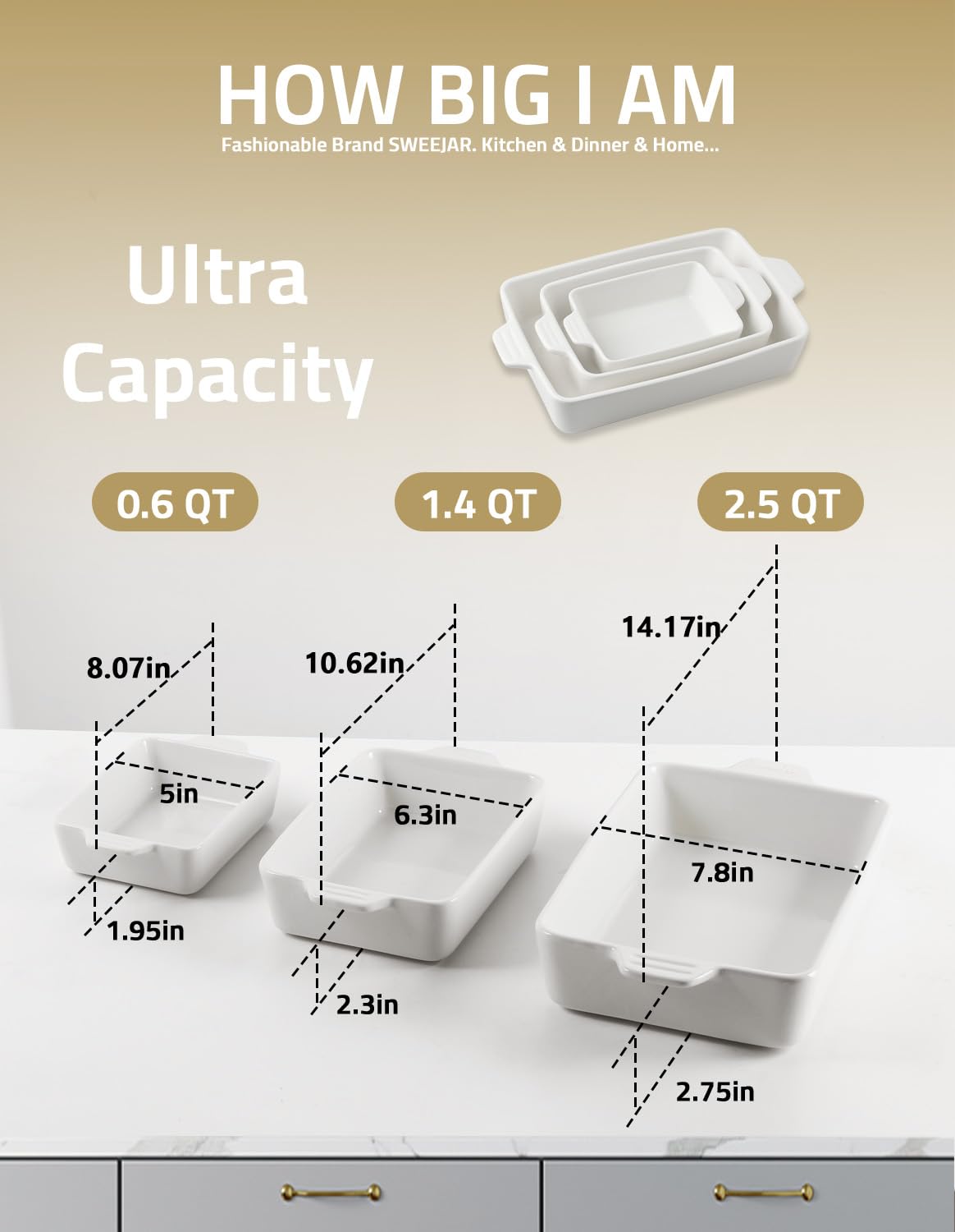Sweejar Ceramic Bakeware Set, Rectangular Baking Dish for Oven Lasagna Pans for Cooking, Kitchen, Cake Dinner, Banquet and Daily Use, 11.8 x 7.8 x 2.76 Inches of Casserole Dishes (White)