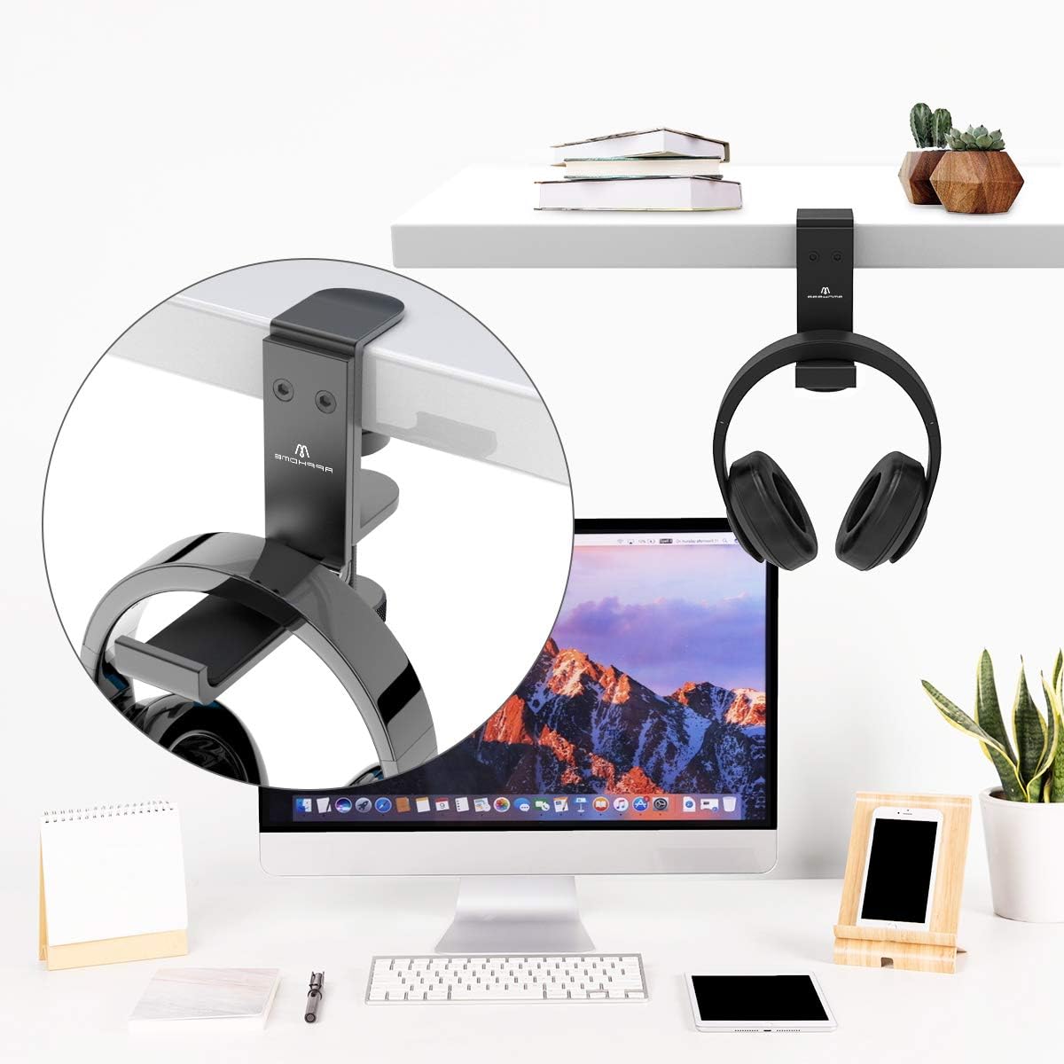 APPHOME [Upgrade] Foldable Headphone Stand Hanger Holder Aluminum Headset Soundbar Stand Clamp Hook Under Desk Space Save Mount Fold Upward Not in Use, Universal Fit Gaming PC Accessories, Black: Electronics