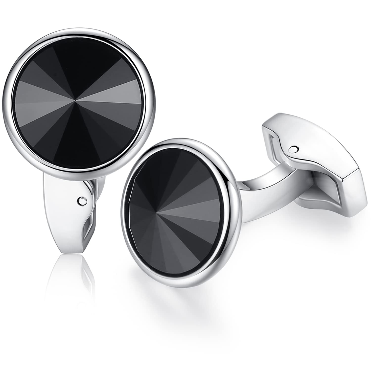 HONEY BEAR Round Crystal Cufflinks for Men's Shirt Wedding Business Gift (Black)
