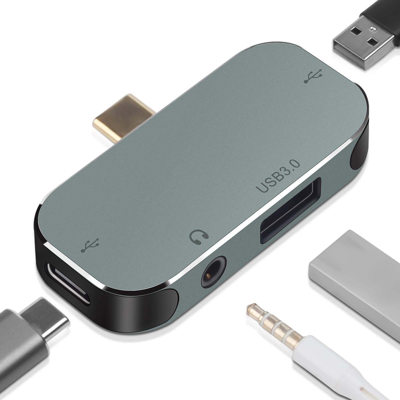 BORLTER CLAMP USB C to USB 3.0 Adapter, USB C Multi-Port Adapter, Type C OTG Adapter, USB C to USB-A/USB-C/3.5mm Audio Adapter, Compatible with MacBook, USB-C Phones, Laptops and More