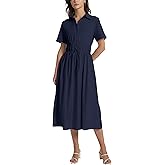 Ladyful Women Casual Button Down Short Sleeve Shirt Dress Tie Waist Midi Shirt Dress Elegant Business Party