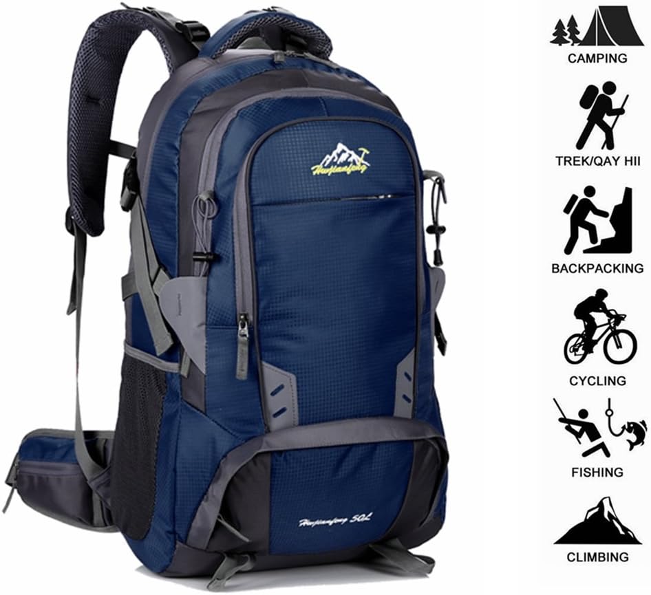 50L Mens Outdoor Waterproof Breathable Sports Backpack Travel Hiking Camping Rucksack Bike Bag With Rain Cover Best Holiday Gifts (Dark blue)