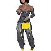 LETSVDO Denim Jumpsuit for Women Sexy Long Sleeve Off Shoulder Cargo Wide Leg Jean Romper(for Club,Going Out,Party)