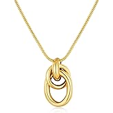 SHANTYSON Gold Tone Irregular Oval Pendant Necklace for Women, Minimalist Chunky Snake Chain Necklace, Dainty 14K Gold Plated Statement Long Necklace