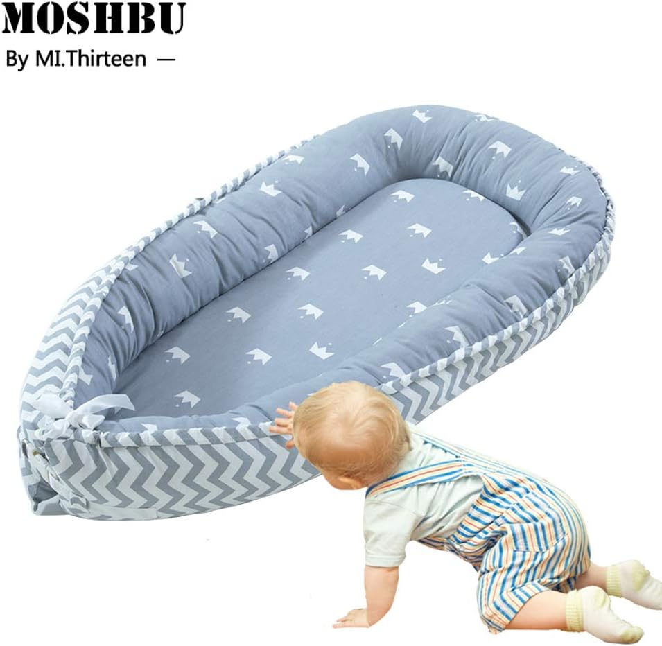 Moshbu Portable Detachable Baby Lounger, 100% Soft Cotton Breathable Washable Anti Slip Crib Prevention Bed Cushion Bassinet Snuggle Co-Sleeping Bassinet Anti-Bed for Toddler Infant Newborn Preschool