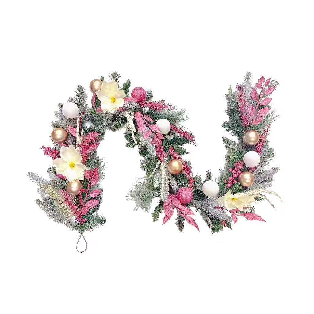 View 1 of 20 inch Pink Christmas Garland for Front Door, Artificial Cedar with White Magnolia Flowers Paired with Pink Berry Balls for Window Wall Porch Indoor and Outdoor Home Decorations