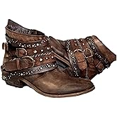 Azttoztto Women's Chunky Heel Ankle Boots with Side Zipper and Buckle Strap Round Toe Short Boots (brown,7)