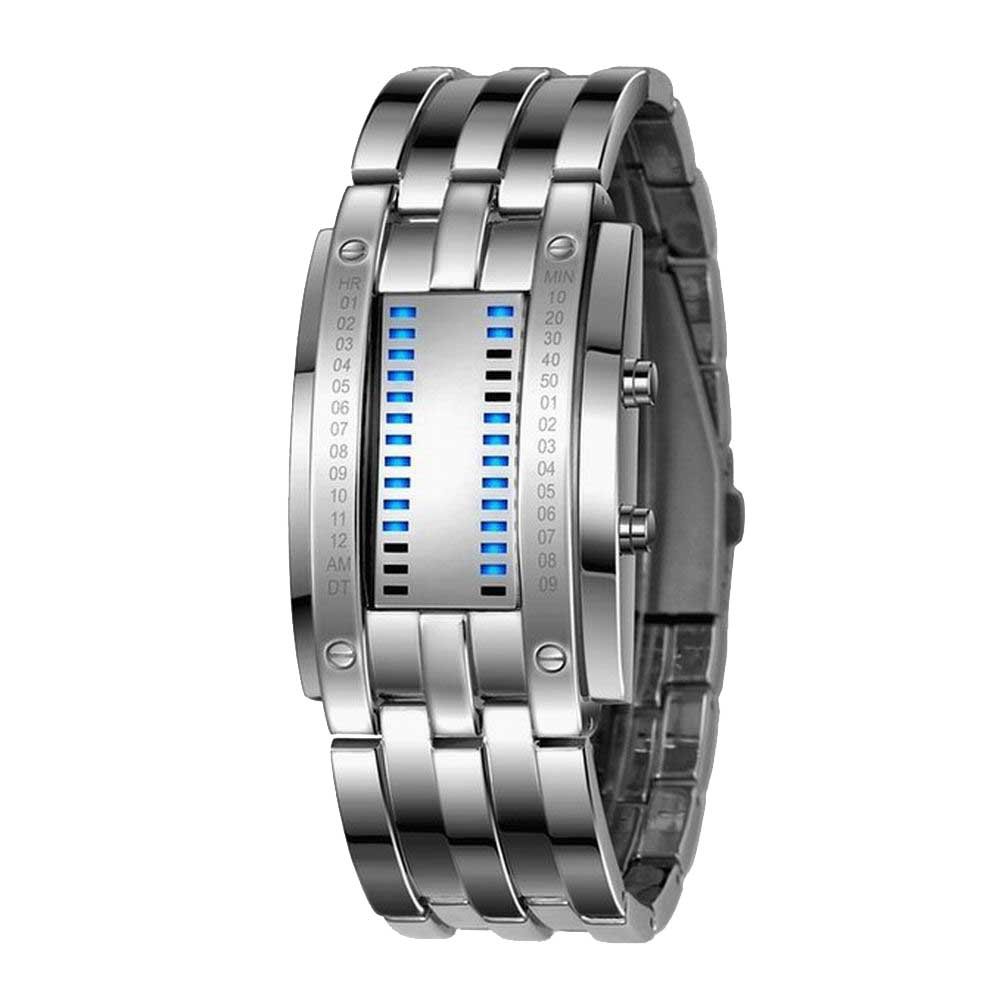 AIMES Mens Binary Watch Casual Sports Digital Lava Matrix Blue LED Digital Wristwatch Classic Creative Fashion Black Bracelet Square Blue Watches Unisex Dress Wrist Watches, Silver, Digital
