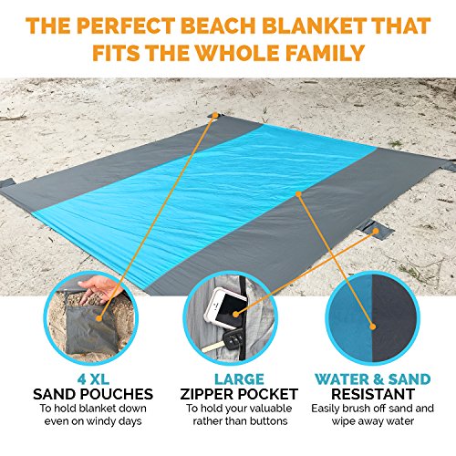 Kore Beach Blanket, Family Size 10'x9', 5 Sand Pockets+4 Anchor Loops&Stakes, Made with Durable 100% Nylon Water Proof, Lightweight, Portable Mat -Durable,Completely Sand Proof - Thumbnail 7
