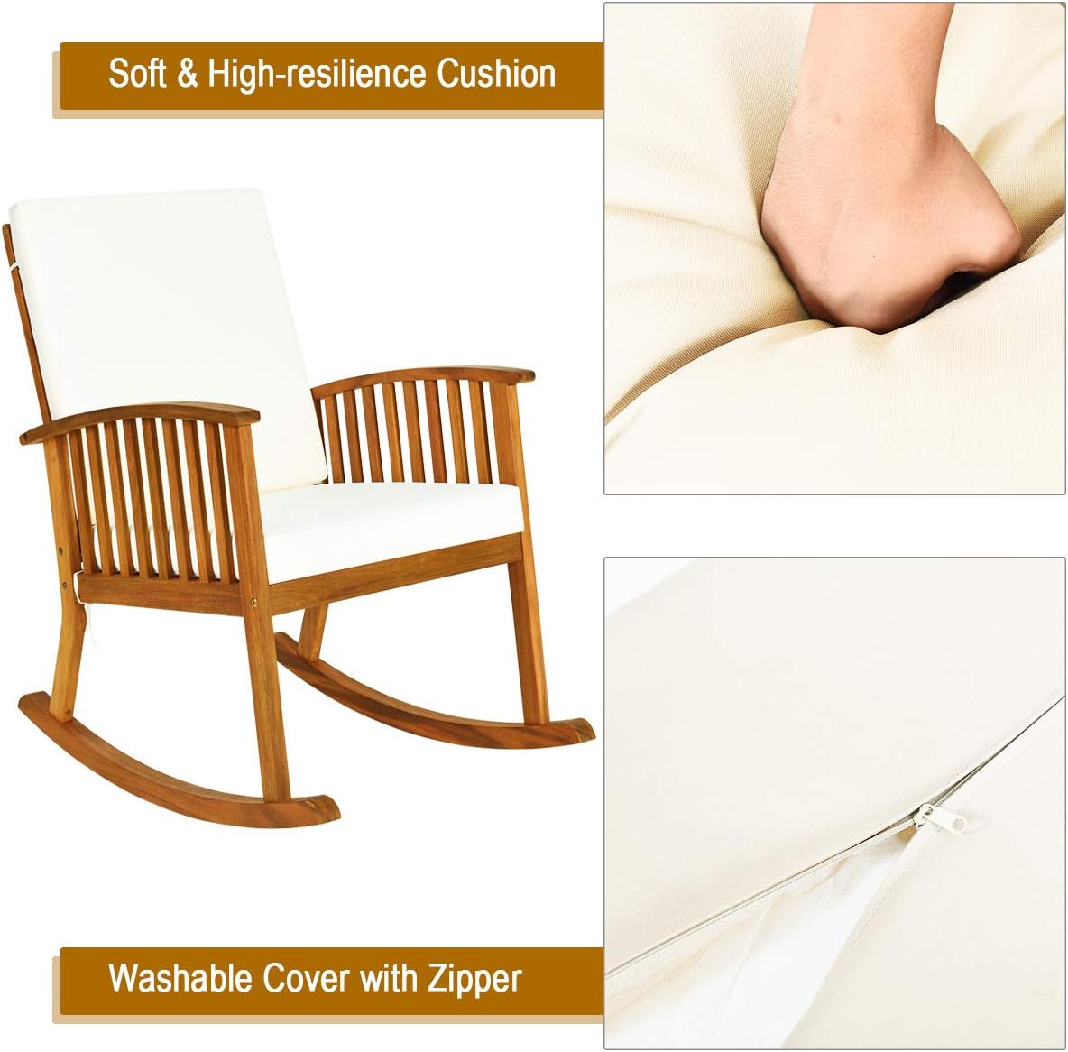 Tangkula Outdoor Acacia Wood Rocking Chair, Wooden Rocker w/Detachable Washable Cushions, Rocker for Porch Garden Patio Balcony Pool Indoor (1, Teak) : Garden & Outdoor