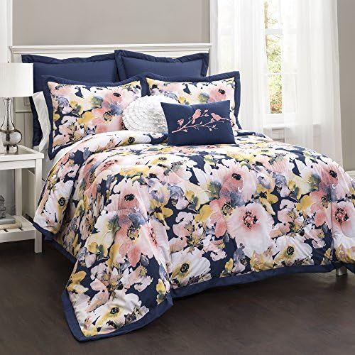 Lush Decor Lush Décor Floral Watercolor 7 Piece Comforter Set, King, Blue and Pink