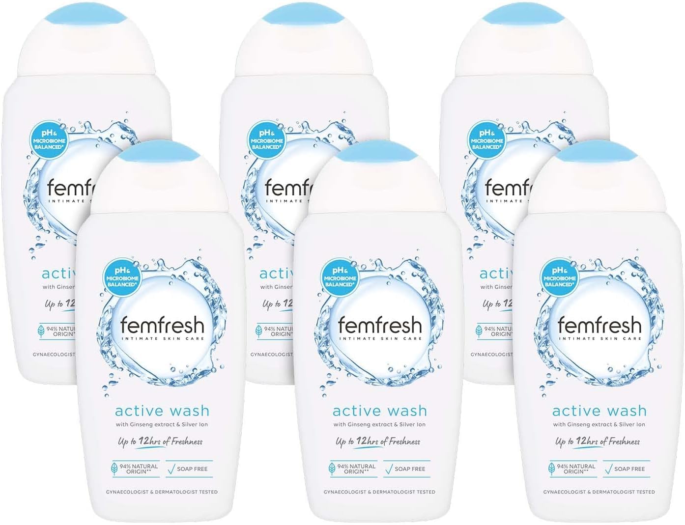 Femfresh Ultimate Care Active Vaginal Wash - Intimate Feminine Hygiene Shower Gel Cleanser - pH Balanced, Soap Free, Fragrance Free Gel Formula with 12-hour Sweat Protection - 6 x 250ml Multi Pack