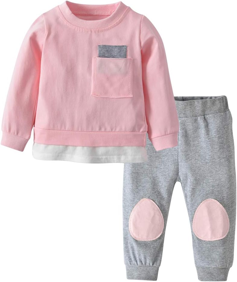 Newborn Baby Boys Girls Clothes Long Sleeve T-Shirt Tops Pants Outfit Set (18-24 Months, Pink)