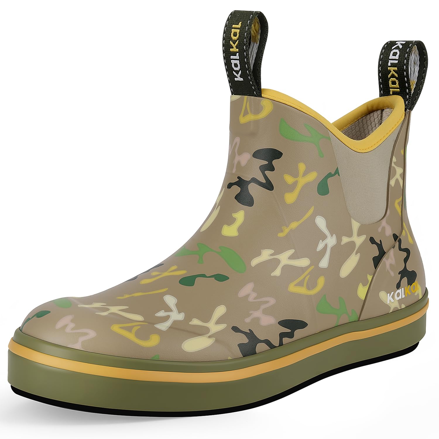 Kalkal Men's Deck Boots Anti-Slip Saltwater Fishing Rain Boots with Memory Foam, Waterproof Rubber Ankle Work Boots for Sailing (Earth Tone, Size8) Image