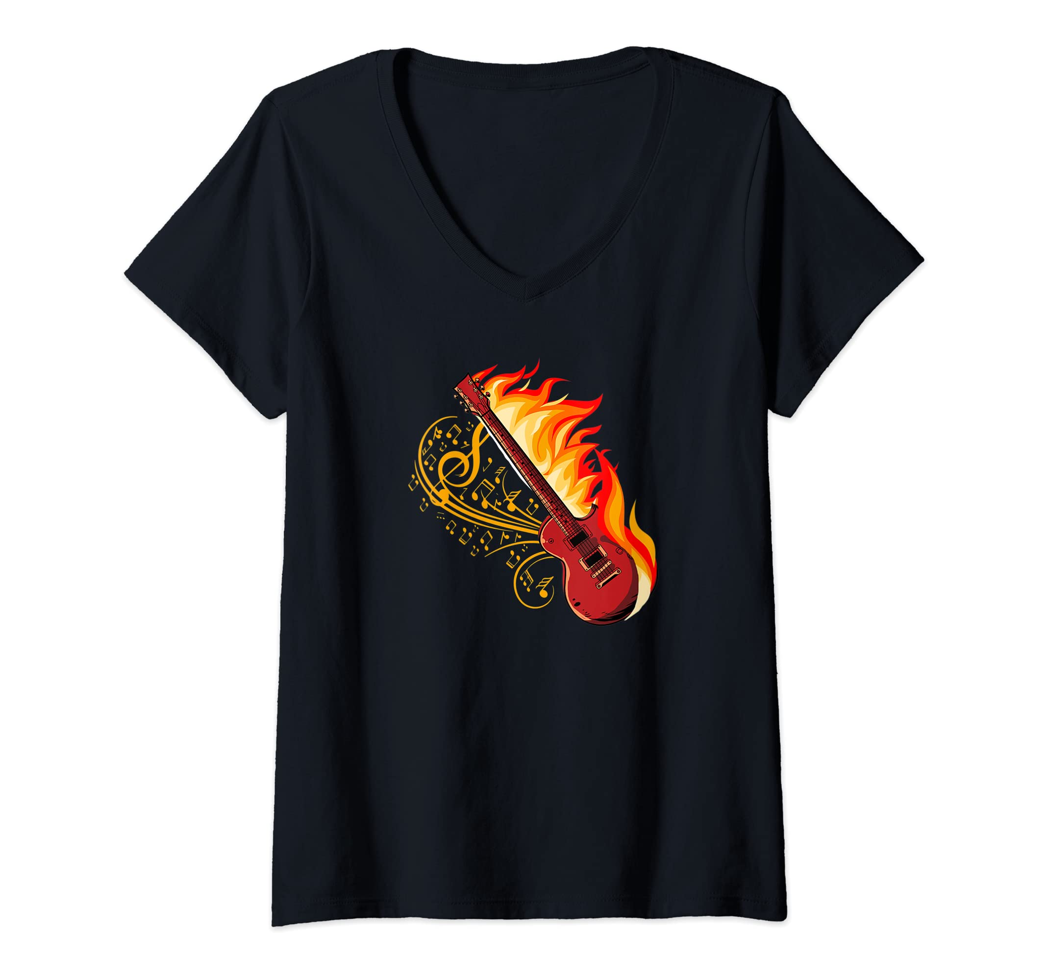 Womens Electric Guitar Musician - E-Guitar Flames Rock Guitarist V-Neck T-Shirt
