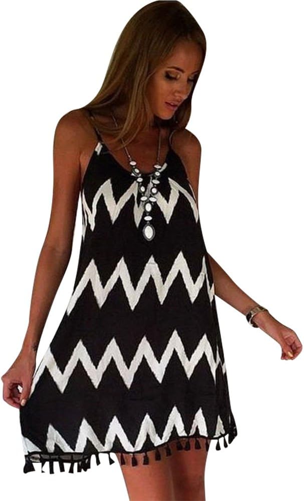 Chicvova Women's Black Wave Striped Spaghetti Strap Tassels Chiffon Loose Midi Dress