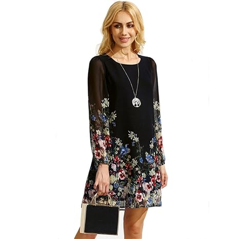 Btruely Kleid Damen Elegant Lose Kleid Sommerkleid Boho Abendkleid O-Ausschnitt Strandkleid Cocktailkleid Frauen Langarm Klei