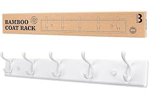 BADIANO Wooden Coat Rack, Wall-Mounted Organizer for Closet, Entryway, Hallway, Foyer, Bedroom, Heavy Duty Double Hooks for Hanging Towels, Bags, Hats, Jackets, Key (White, 5 Hooks)