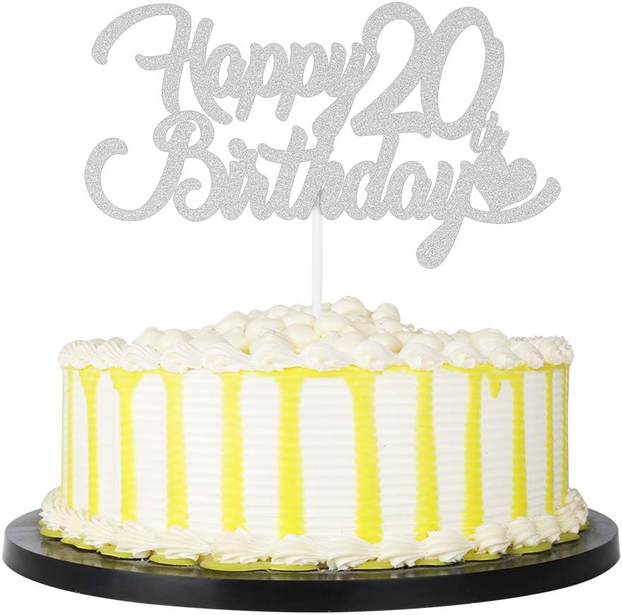 PALASASA Silver Single Sided Glitter Happy 20th Birthday, 20 Anniversary Cake Topper Party Decoration Supplies