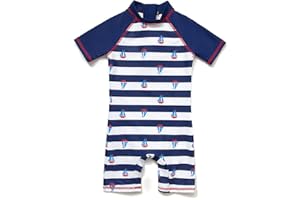 BONVERANO Baby Boy Swimsuit S/S One Piece UPF50+ Sunsuit Sun Protection with Zipper Garage (Sailing Ship, 18-24 Months)