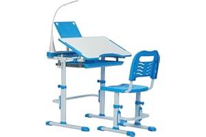Real Relax Kids Desk and Chair Set, Children's Multifunctional School Tables with Tilt Desktop, LED Light, Metal Hook Blue