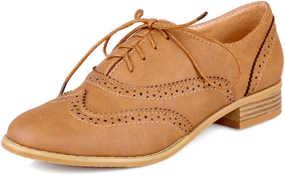 Kaloosh Women's British Style Cut-Out Pointed Toe Lace Up Comfort Brogue Shoes Yellow