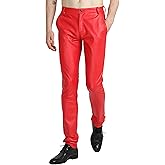 Faleave Men's Faux Leather Pants Skinny Stretch Black Red Slim Fit Suit Pants