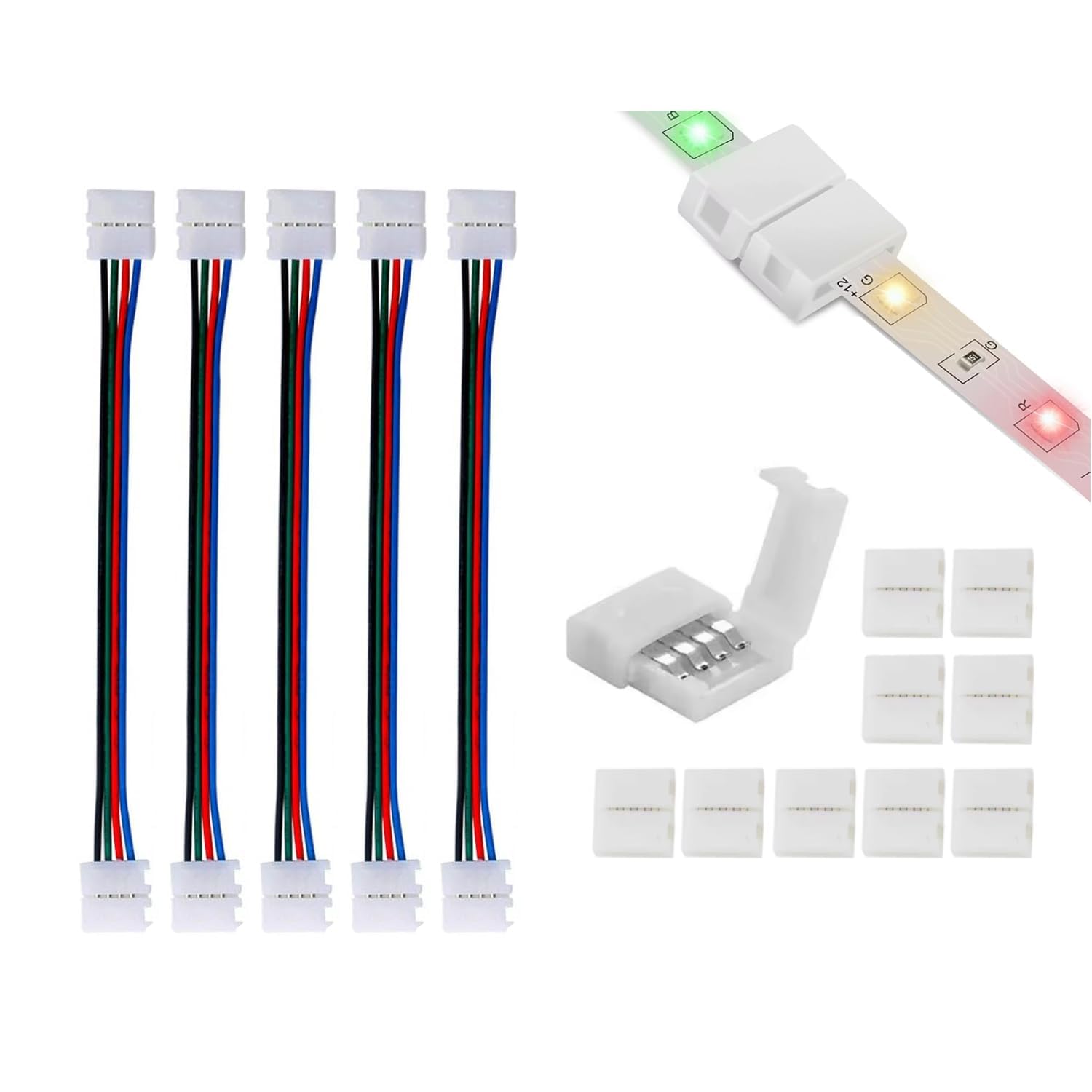 ENQIMAOYI LED Light Strip Connectors, 10-Pack 4pin 8mm Gapless Solderless, 5-Pack Strip to Strip Jumper Extension for DIY LED Strip