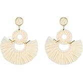 Viva Joya Large Boho Raffia Fan Tassel Drop Dangle Earrings for Women, Handmade Lightweight Woven Beach Statement Jewelry