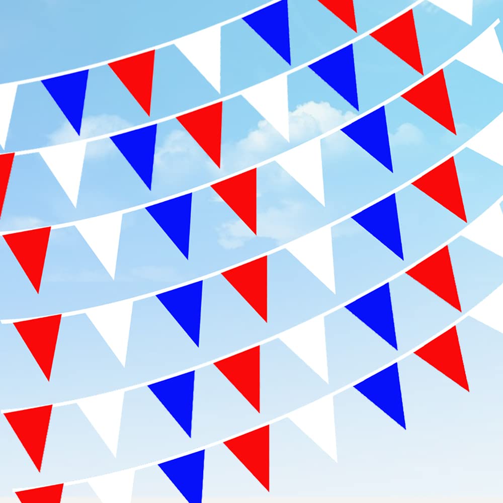 DOJoykey 200M Nylon Fabric Bunting Banner, 300pcs Red Blue White Colors Triangle Flags Outdoor Pennant Banner for Mother‘s Day Special Event, National Day Celebrations