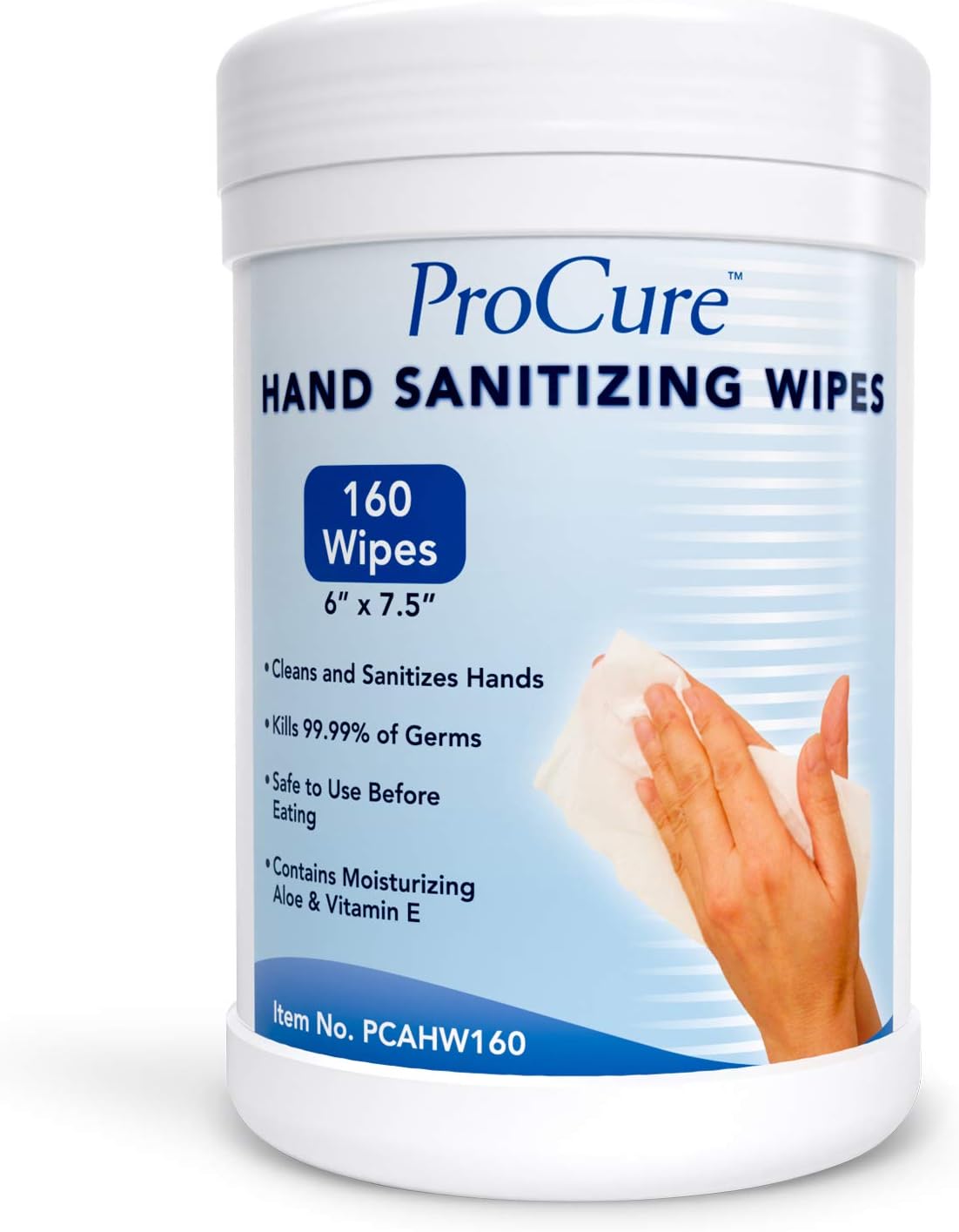 ProCure Hand Sanitizing Wipes Canister – 160 Wipes - Moisturizing Formula with Aloe and Vitamin E - Kills 99.99% of Germs – Safe Before Eating - 5.5" x 7.9" Antiseptic Cleansing Cloths: Health & Personal Care